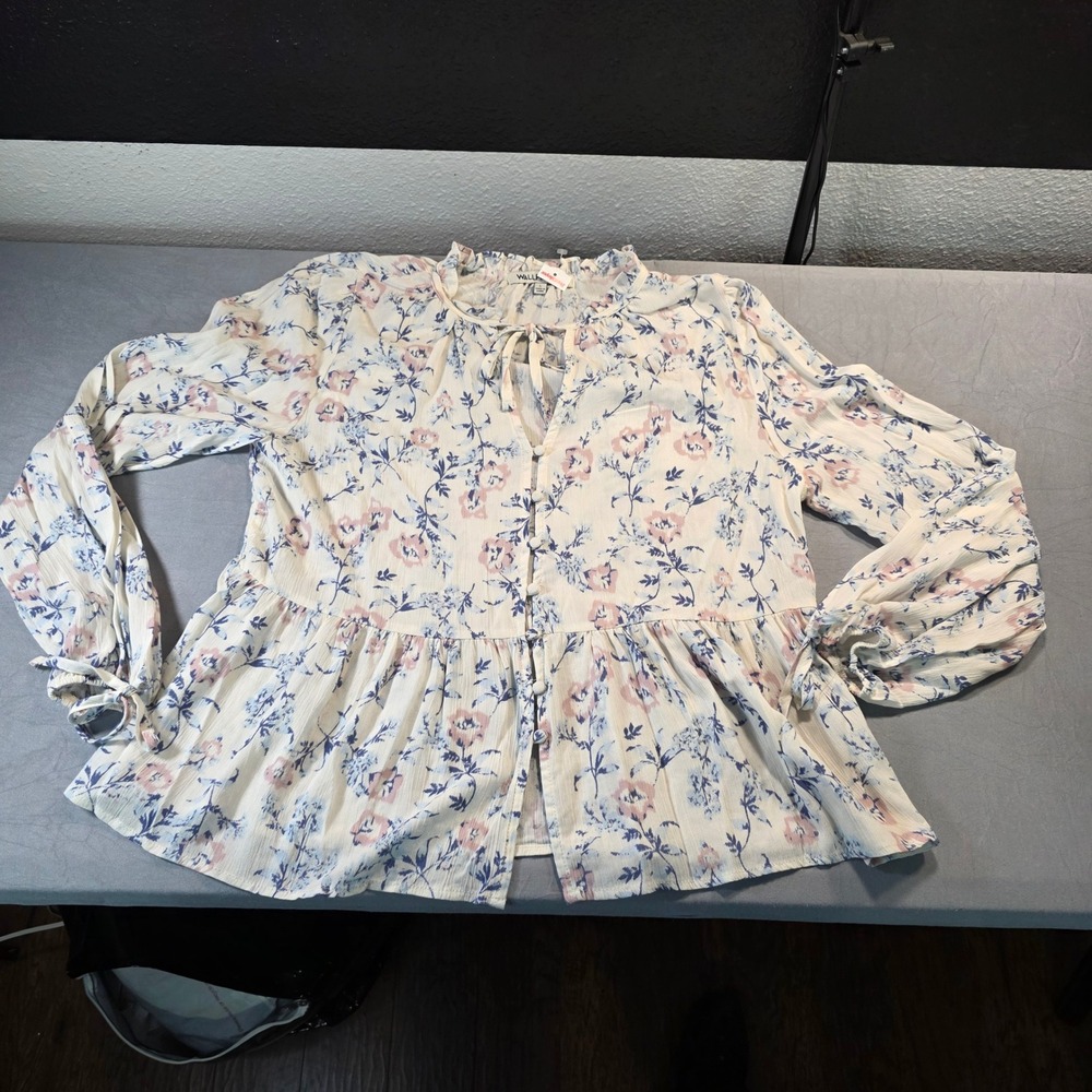 Wallflower Women Floral Peplum Blouse Cream Blue Pink Ruffle Tie Neck Large NEW